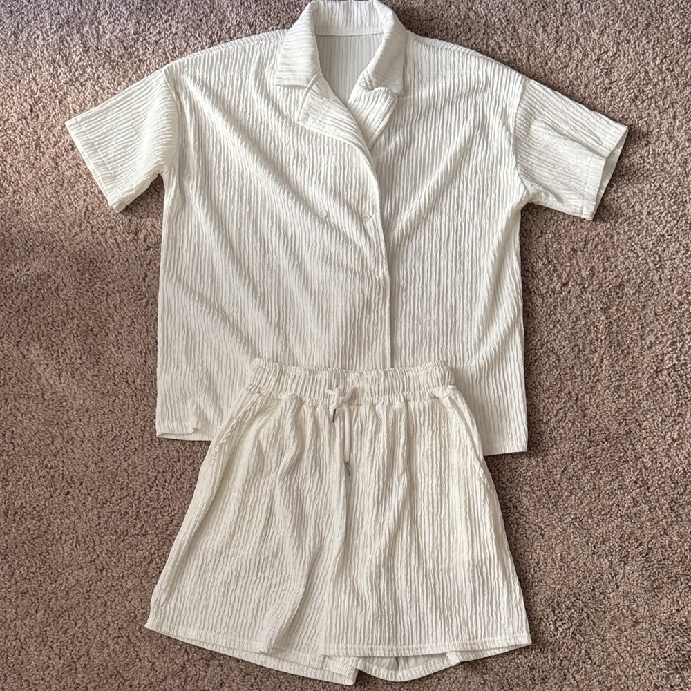 Cream Textured Short Sleeve Set
